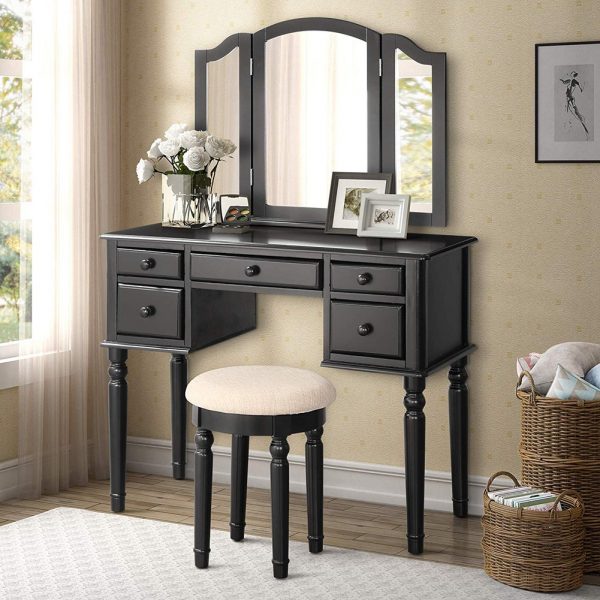 Vanity Table Set with Mirror and Stool, 5
 Drawers Makeup Dressing Table with Cushioned Stool - Image 7
