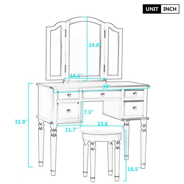 Vanity Table Set with Mirror and Stool, 5
 Drawers Makeup Dressing Table with Cushioned Stool - Image 4