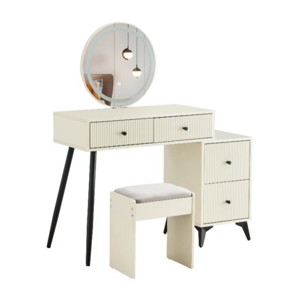 Fluted Makeup Vanity Desk With Round LED Mirror - Image 6